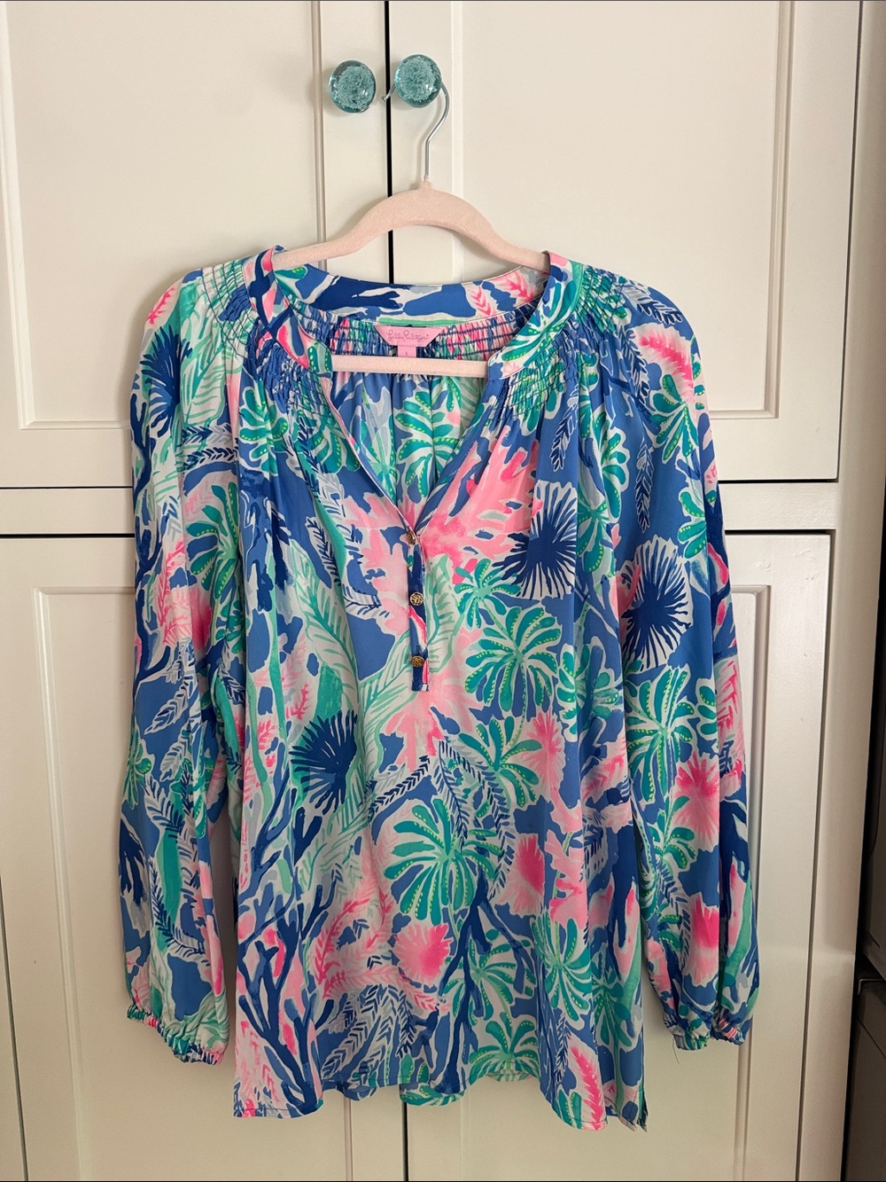 Lilly Pulitzer Blue, Pink & Green Tropical Peasant Top